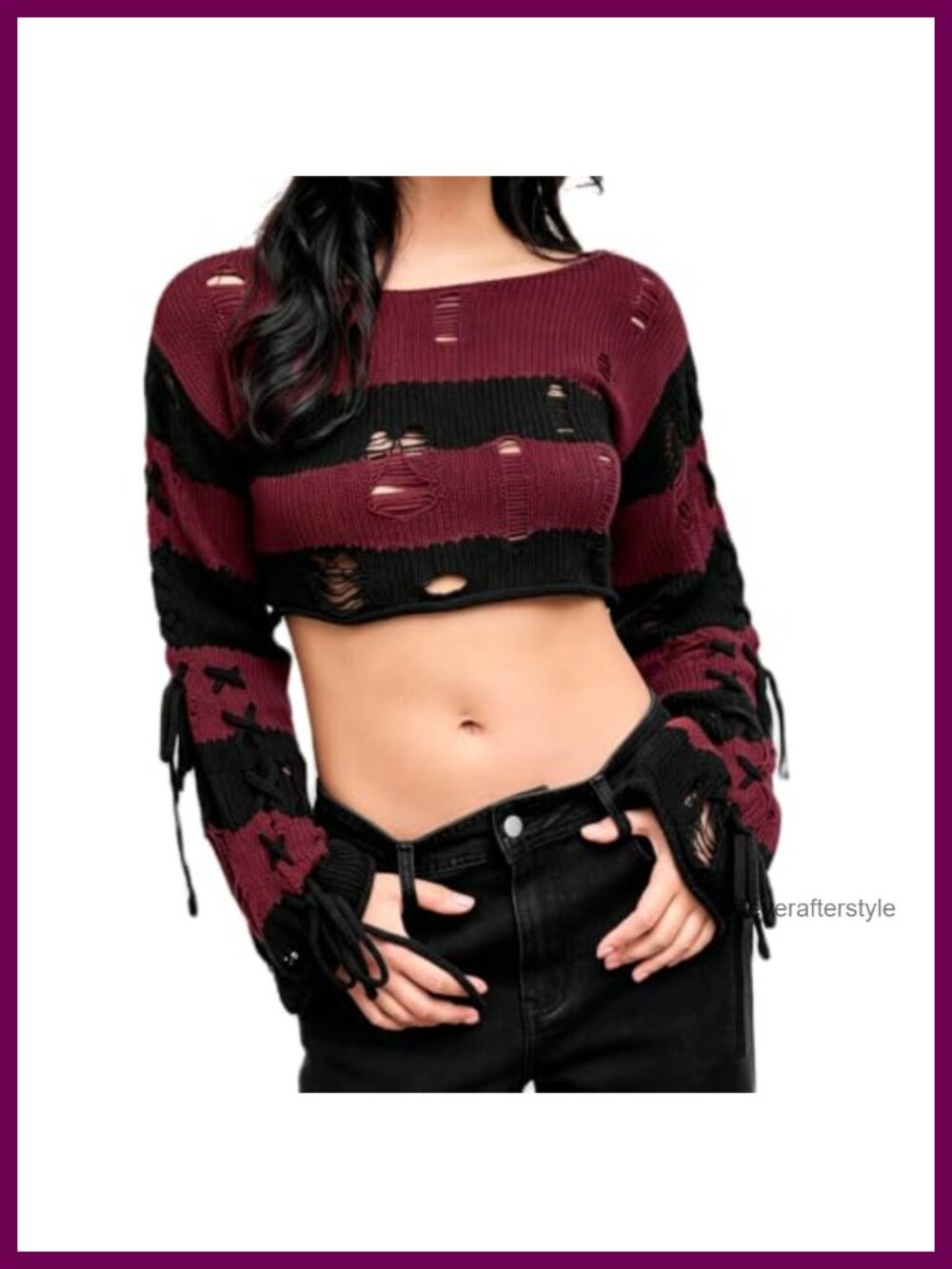 Women's Goth Striped Knit Sweater Ripped Crochet Cutout Lace-Up Pullover